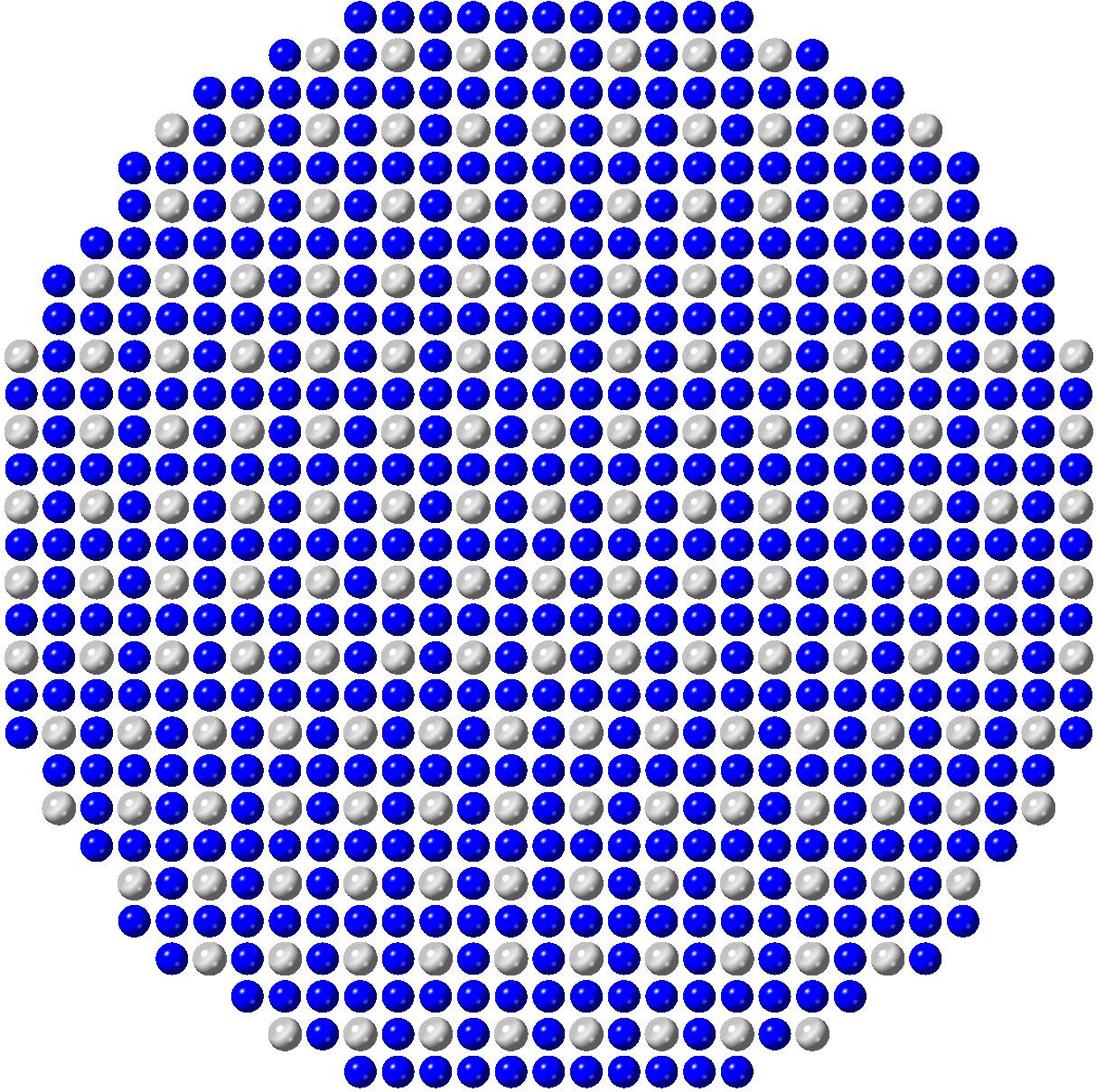 A graphic depiction of a platinum-alloy nanoparticle with a defect.
